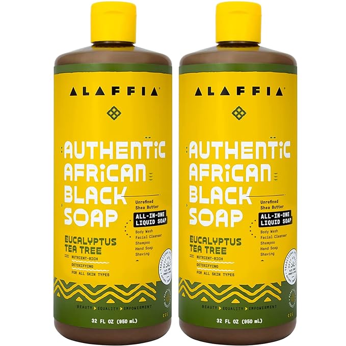 Alaffia Authentic African Black Soap, Eucalyptus Tea Tree, 2-Pack – All-in-One Moisturizing Cleanser for Face, Hands, Body & Hair, 32 Oz Ea