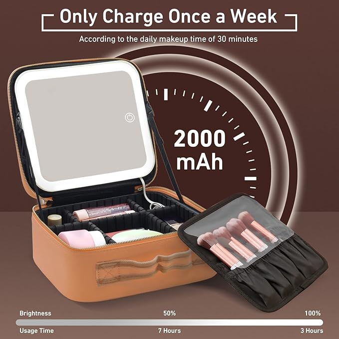 Jadazror Makeup Case, Lighted Mirror, Travel, Waterproof, Brown