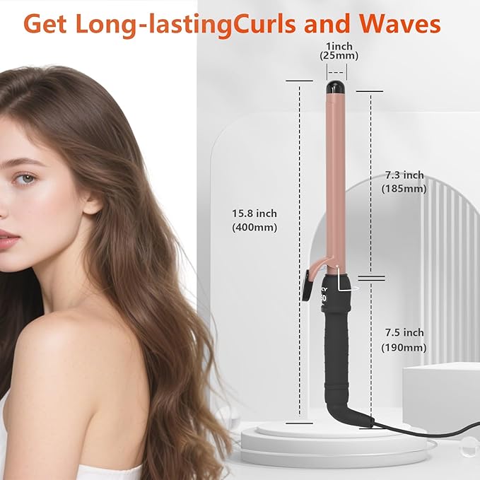 1 Inch Curling Iron - Ceramic Curling Iron, Fast Heat Function LCD Display 180°F-450°F Adjustable, Long Lasting Beach Waves, Dual Voltage Curler, Heat Resistant, Rose Gold