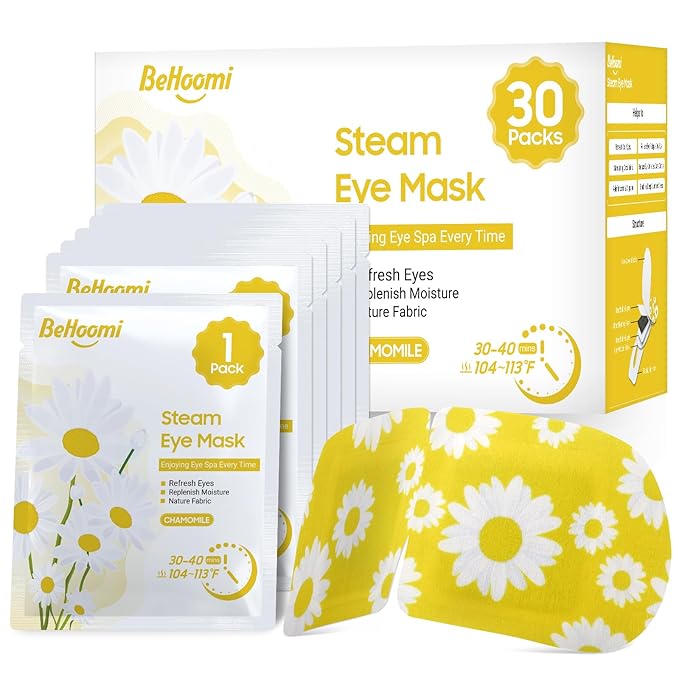 BeHoomi 30Packs Steam Eye Mask, Heated Eye Mask Warm Compress for Eyes, Self Heating Disposable Steam Mask for Home Sleep, Spa, Travel Essentials & Relaxation Gifts, Stocking Stuffers (Chamomile)