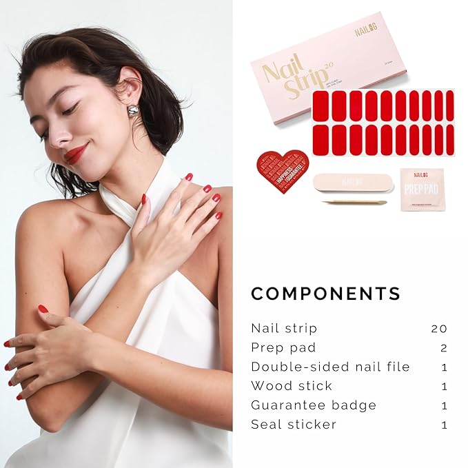 NAILOG Semi Cured Gel Nail Strips, 20Pcs Bright Red Long Lasting Stickers, Salon Quality Easy Apply & Remove Works with Any UV/LED Nail Lamps, Jelly Crush