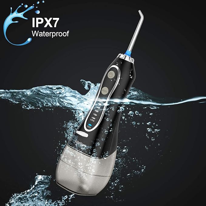 H2ofloss Water Flosser Portable Dental Oral Irrigator with 5 Modes, 6 Replaceable Jet Tips, Rechargeable Waterproof Teeth Cleaner for Home and Travel -300ml Detachable Reservoir Black