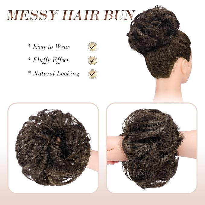 FESHFEN Large Messy Bun Hair Piece - Wavy Synthetic Chignon Scrunchies Elastic Ponytail Hair Extensions Thick Hairpieces for Women, Mixed Chocolate Brown 1.94oz