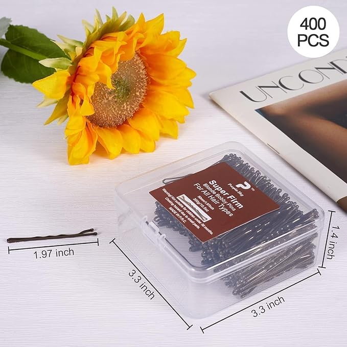 2" Bobby Pins in case - 400 Pcs Brown Hair Pins Clips Bulk for Women - Mini Strong Hold Bun Pins for All Hairstyle (Thin/Thick/Curly/Straight) - Hair Accessories for Styling, Updos, Daily Use