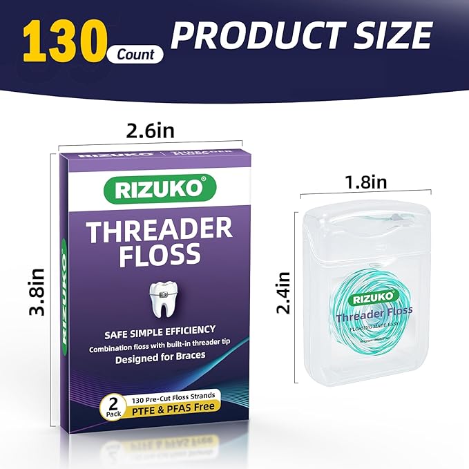 Threader Floss,2-in-1 Dental Floss for Braces, Bridges & Implants,Easy Threading Design,130 Count PTFE & PFAS Free Expanding Floss for Deep Cleaning (65 Count(Pack of 2), Light Mint)