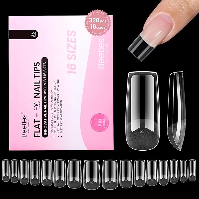 Beetles Gel Nail Tips Flat-X - Square Medium, 320pcs 16 Sizes, Pre-Etched Half Matte Full Cover Soft Acrylic Press on False Nail Extension Tips Easy DIY Salon Art for Flat & Natural Nail Beds