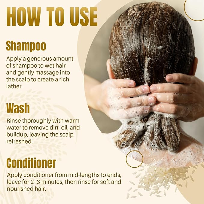 MYSTÉRE BEAUTÉ Rice Water Shampoo and Conditioner Set - Ultra-Nourishing Hair Care Set, Promotes Growth, Revitalizes Shine, and Shields from Damage - Infused with Essential Oils - 16 fl oz Each