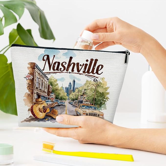 Ythuil Nashville Travelling Gifts Makeup Bag, Watercolor Gift, Nashville Souvenir, Travel Cosmetic Bag for Purse, Trip Favors for Traveller, Travelling Lovers, City Themed Organizer