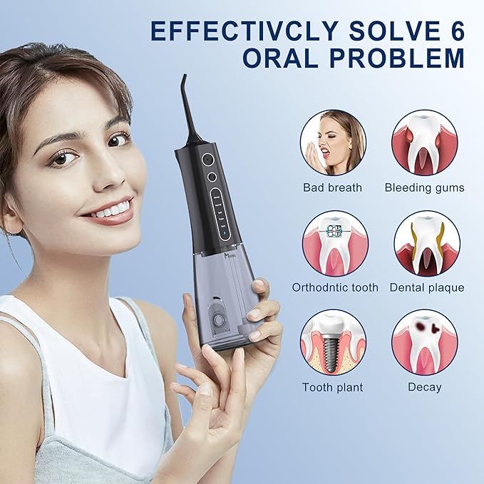 MOCEL Water Dental Flosser OLED Display Cordless Teeth Cleaning MOCEL 5 Modes Oral Irrigator 300ML Portable and USB C Rechargeable IPX7 Waterproof Floss Teeth Pick (Black)