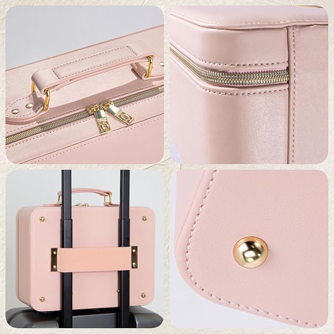 ZhenGuiRu Makeup Bag with LED Mirror, Portable Makeup Artist Organizer Case with Lighted Mirror, Travel Makeup Bag for Women Cosmetic Brush Holder Storage, Pink Makeup Gift for Girls