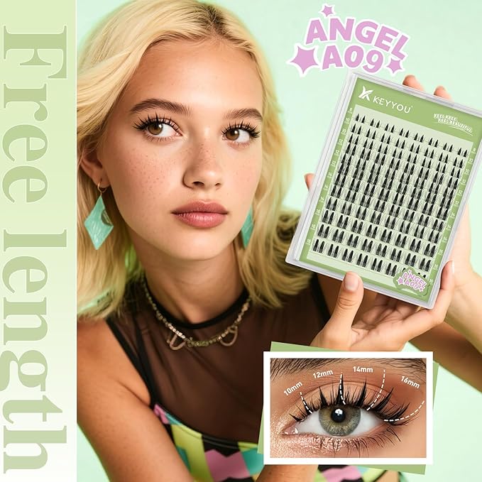 KEYYOU LASH clusters 120Pcs D Curl Angel Eyelash Extension Thick Wispy Natural Band Lash with Waterproof DIY Lash Extension at Home（Angel A09-D-8-16MIX）