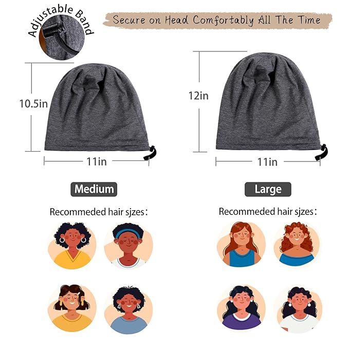 2 Pcs Adjustable Silk Satin Bonnets for Women & Men, Night Cap, Silk Lined Slouchy with Adjustable Strap, Curly Hair Head Scarf
