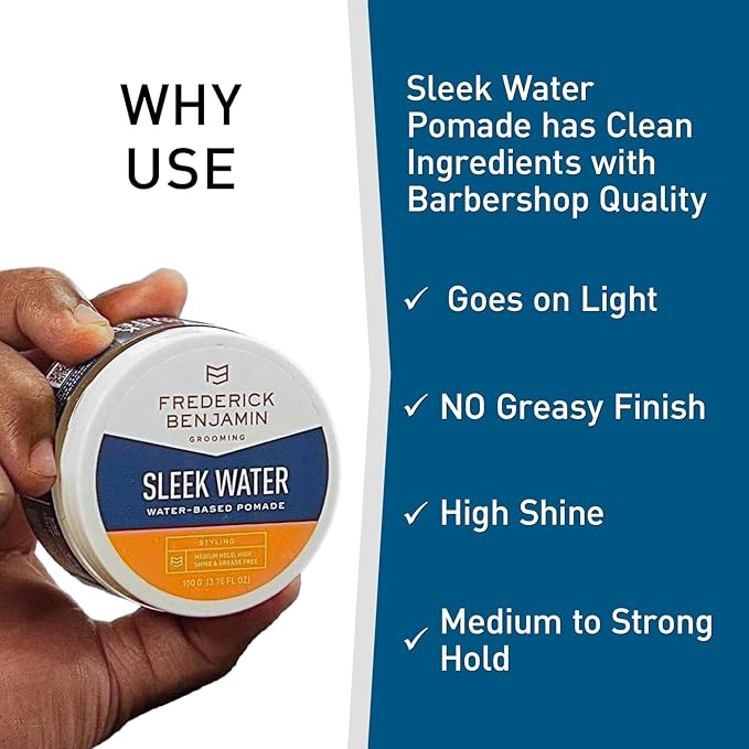Frederick Benjamin Sleek Water Pomade for Men, Light & Easy to Apply Water Based Hair Pomade, Medium to Strong Hold, High Shine, Grease Free, Infused with Argan Oil & More, 3.75oz