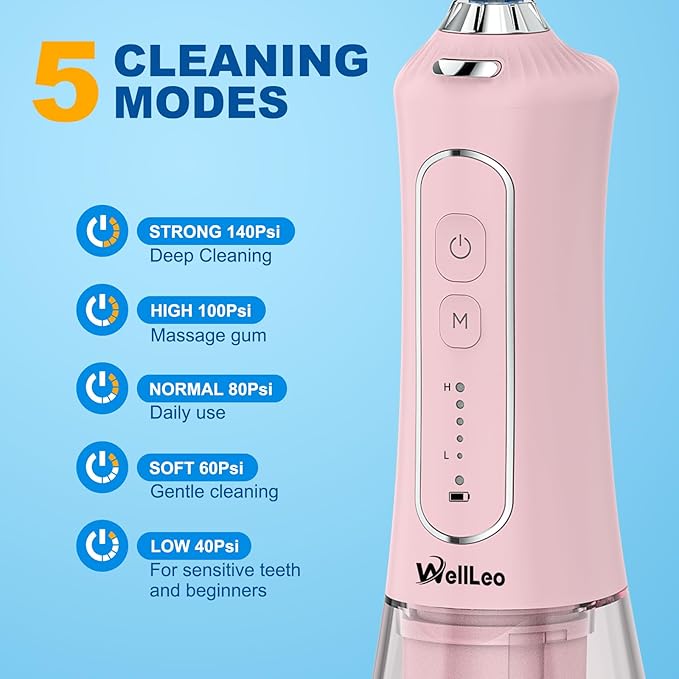 WellLeo Water Flossers for Teeth, 300ML Cordless Oral Irrigator Rechargeable Dental Flosser Picks with 5 Modes 5 Jet Tips,IPX7 Waterproof Teeth Cleaner for Braces Gum Care, Home Travel Use