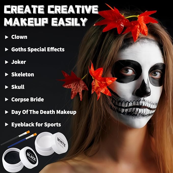 TonJin Black + White Face Body Paint Set 3.5oz/100g, Non-Toxic Professional Facepaint Makeup Kit with 2 Brushes for Art Theater Halloween Party Cosplay Clown Corpse Goth SFX Makeup