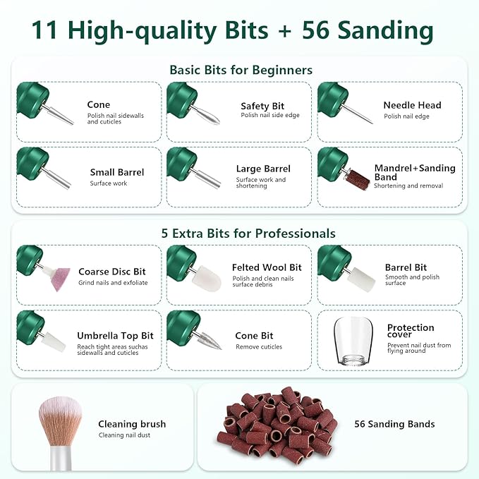Cordless Nail Drill Electric Rechargeable File Kit, Professional Efile Acrylic Gel Nail Polish Remover Pedicure Manicure Machine Portable Set with 11 Bits 56 Sanding Bands (Blackish Green)