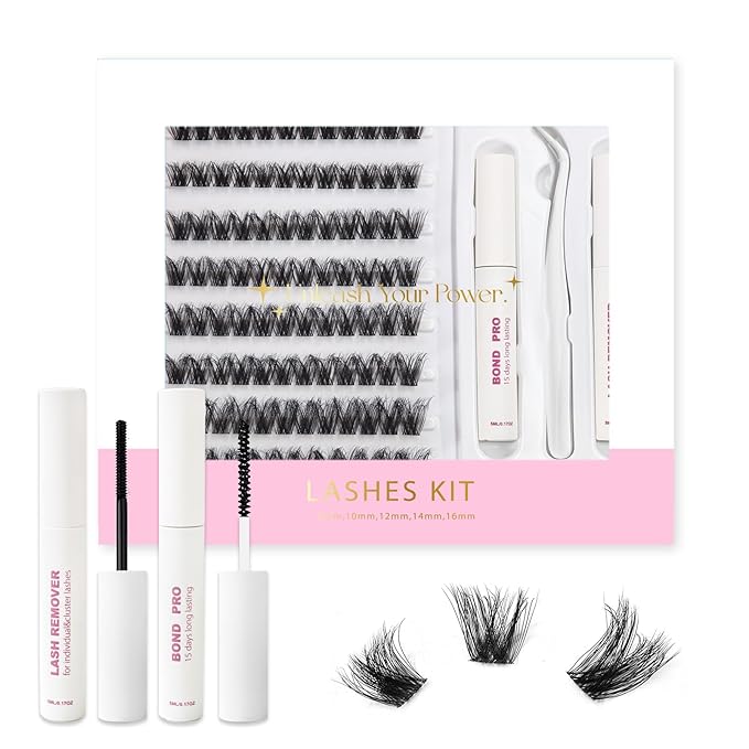 Lash Extension Kit DIY Lash Clusters 10-16mm 96pcs Individual Lashes Clusters Soft Thin Band Natural Volume Eyelash Extension with Lash Bond and Remover, Lash Tweezers for Self Use 26#