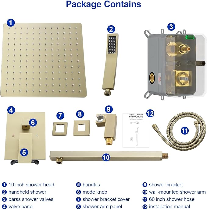 Dcolora 10 In. Rainfall Shower System with Handheld, Gold Shower Faucet Set for Bathroom, Brass Valve, 304 Stainless Steel, Anti-Scald cUPC Certified (Brushed Gold, 10 Inch)