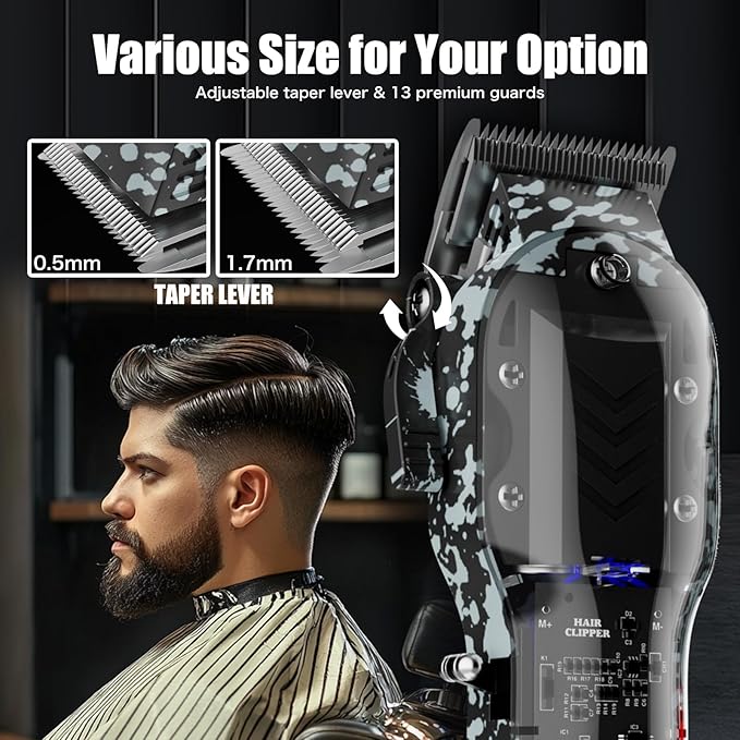 Professional Hair Clippers for Men, Cordless Barber kit for Hair Cutting & Grooming, Hair Clippers and Trimmer Set for Barber Haircut with LED Display, 8 Fade Taper Combs(Black Set)