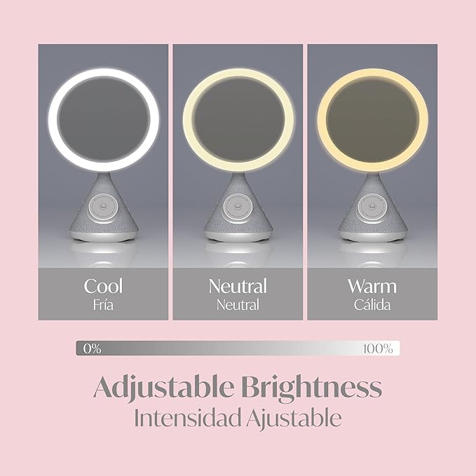 UNNO Vanity Mirror with 15W Wireless Charger and Speaker, LED Lighted Makeup Mirror, 3 Lighting Modes, Adjustable Brightness