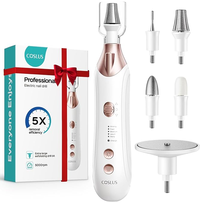 COSLUS Professional Manicure Pedicure Kit, 5-in-1 Electric Nail File for Toenail Hand Feet Care - Wider Grinder for Thick Nails, Cordless, 5 Speed, for Men Women Seniors Home Salon, White, C43(END10)