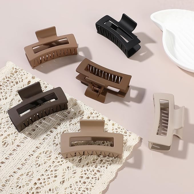 3.5 Inch Medium Hair Claw Clips 6 Pack Hair Clips for Women Square Rectangle Claw for Hair Banana Jaw Clips Hair Accessories for Girls -Coffee Brown
