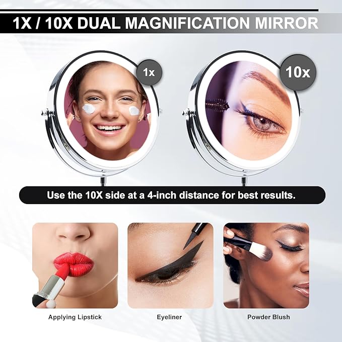 DANOPLUS Makeup Mirror with Lights, 9" Large Magnifying Mirror with 1X/10X, 360°Rotation Vanity Mirror, 3 Color Brightness Adjustable Light Up 5000mAh Rechargeable, Double-Sided, Gift for Women