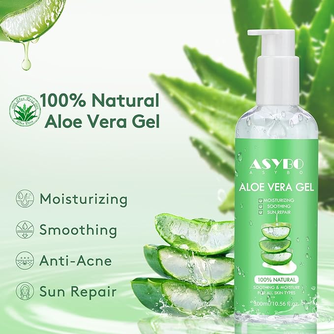 ASYBO 300 ml Aloe Vera Gel, 100% Natural Pure Aloe Vera Hydrating Facial Cream, Soothing & Moisturizing, After Sun Care, Reduce Acne, Repair Scars, Suitable for All Skin Types
