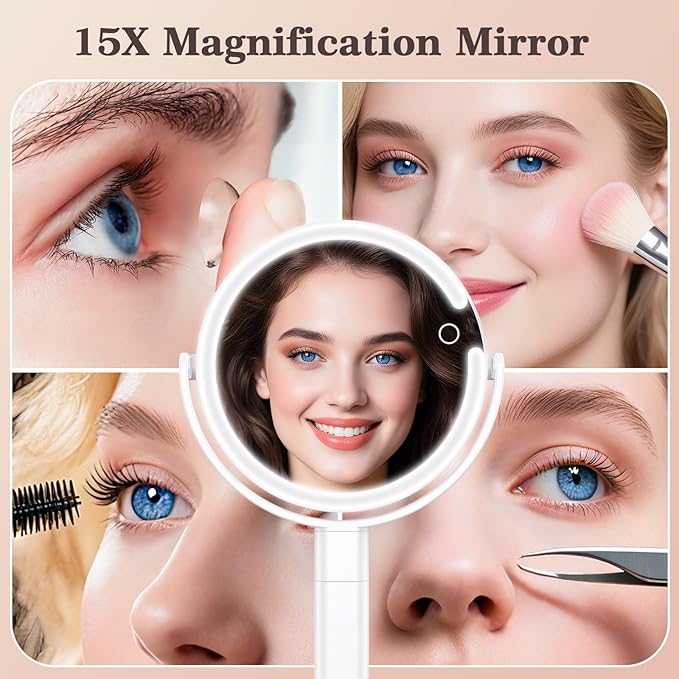 Makeup Mirror with Lights, 4000mAh Rechargeable Magnifying Mirror with 3 Colors Lights and Adjustable Brightness, 15X/1X Makeup Mirror, Height and 360°Adjustable, Valentine's Gifts for Women