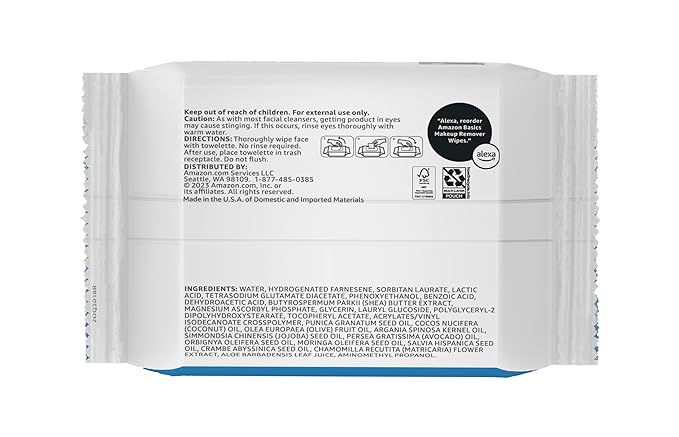 Amazon Basics Make Up Remover Wipes, Fragrance Free, 25 Count, Pack of 6 (Previously Solimo)