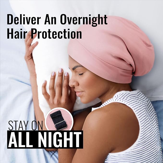 Satin Lined Sleep Cap Bonnet for Curly Hair and Braids, Stay On All Night Hair Wrap with Adjustable Strap for Women and Men, Black and Pink, Pack of 2