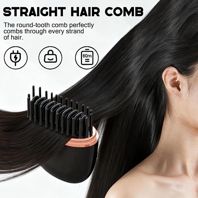 Mini Straightener Brush, Rechargeable Portable Hair Straightener Brush, 3-Speed Temperature Control, Anti-Scald Shell, Lightweight and Portable for Home Travel Gift (Black)