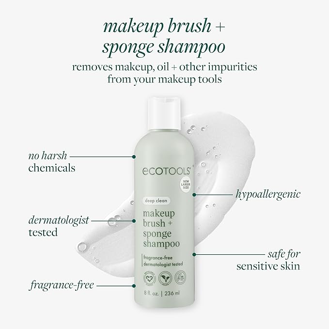 EcoTools XL Makeup Brush + Sponge Shampoo, Removes Makeup, Dirt, & Impurities From Makeup Brushes & Makeup Blending Sponges, Fragrance-Free, Vegan, & Cruelty-Free 16 fl. oz./473 ml, 1 Count, Clear