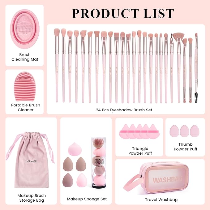 MAANGE Eye Makeup Brushes, 41 Pcs Premium Synthetic Precision Makeup Brush Set Contour Blush Eyeshadow Eyeliner Blending Make Up Brush Kit (Pink, 41 Piece Set)