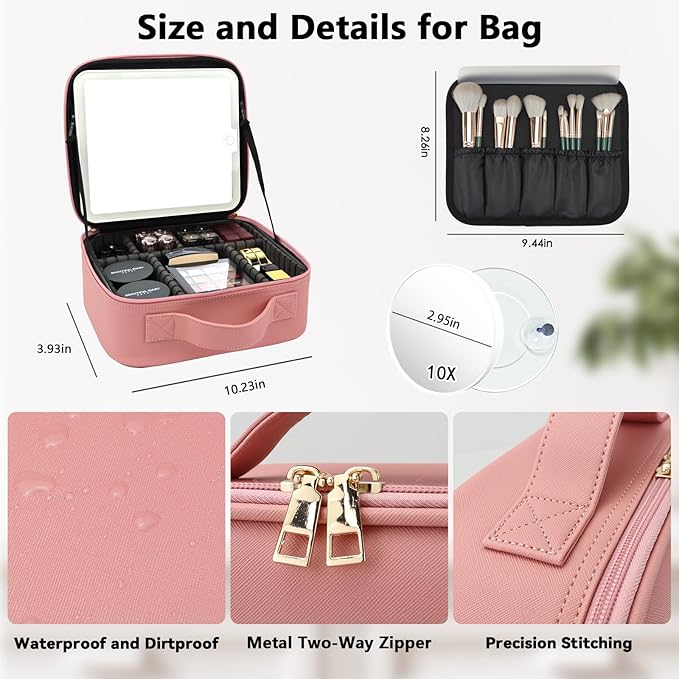 SLUMAZI Travel Makeup Bag with LED Mirror and 10x magnifying glass with 3 Lighted Settings, Adjustable Dividers and Makeup Brush Storage Bag Pink