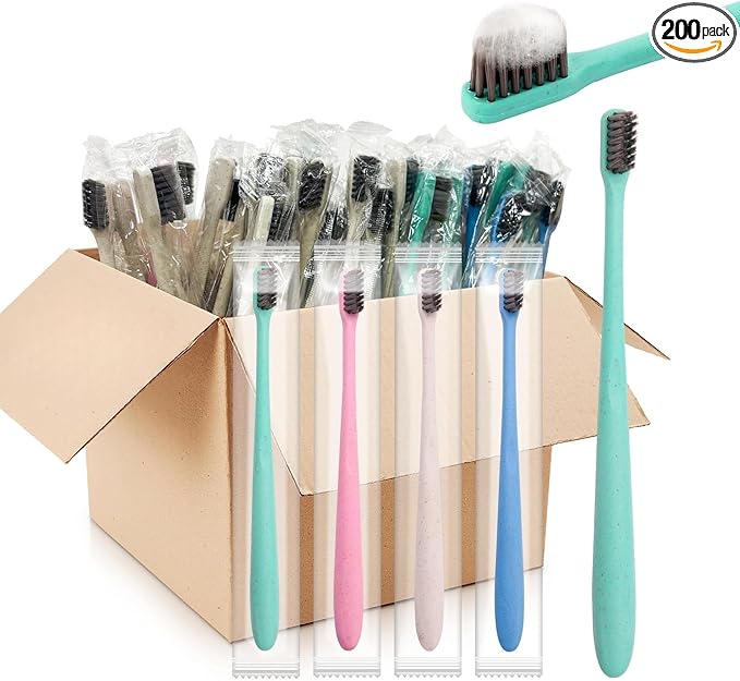 200PCS Disposable Toothbrushes Bulk,Individually Wrapped Travel Toothbrushes for Hotel Camping Travel, Guests & Homeless