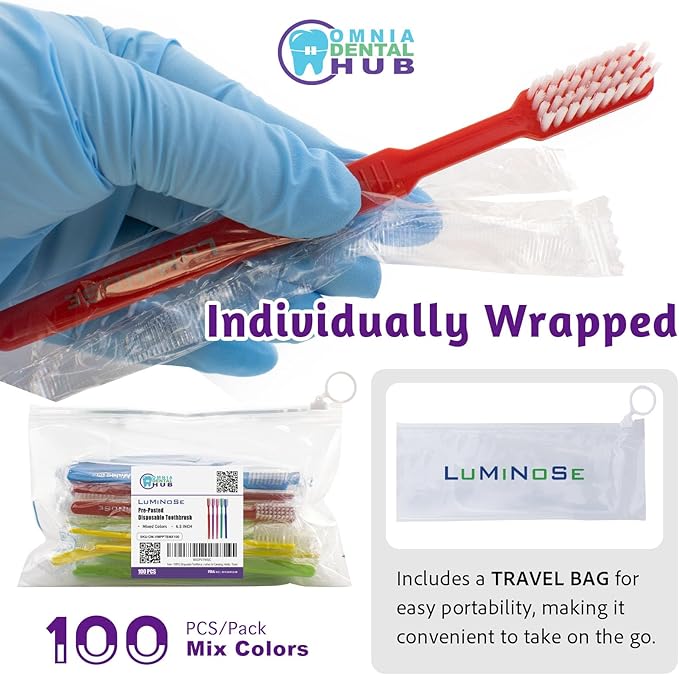 Omnia Disposable Pre-Pasted Toothbrushes | 200 Pcs Individually Wrapped Pre Pasted Toothbrush | Single Use Waterless Tooth Brush for Hotel, Camping, Homeless Gift | Multi Color