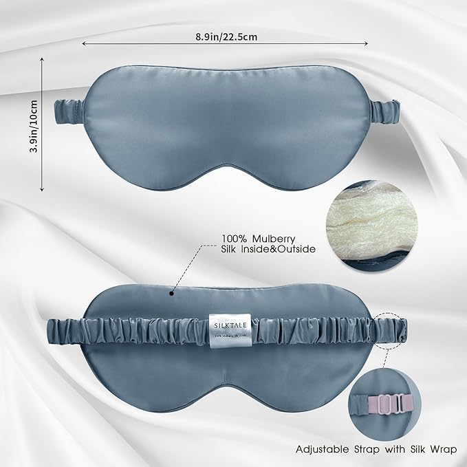 SILKTALE Mulberry Silk Blackout Adjustable Sleep Eye Mask for Men/Women Travel Plane,Ash Blue