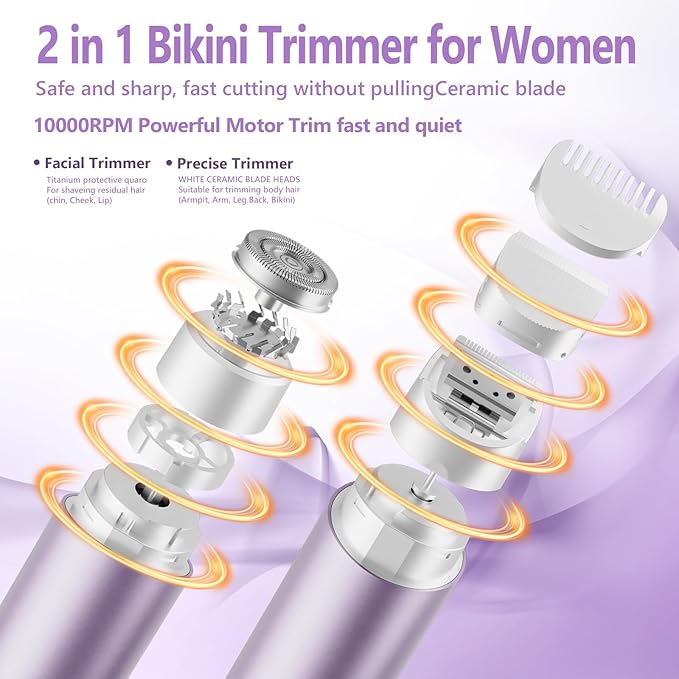 Bikini Trimmer for Women, 2 in 1 Electric Razors for Women Dual Head Body Hair Remover IPX8 Waterproof Painless,Rechargeable Shaver for Face Legs Underarms Pubic Hair,Purple