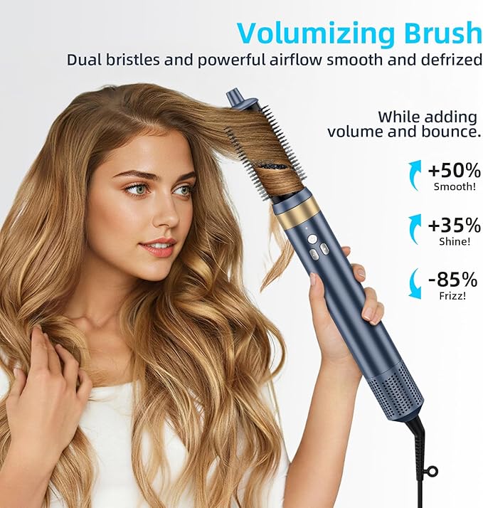 6-in-1 Hair Styler, Hair Dryer, Multi-Function Hot Air Brush Set, Ionic Blow Dryer with Interchangeable Attachments for Curling, Straightening, Volumizing, Gift for Women(Gemstone Blue)