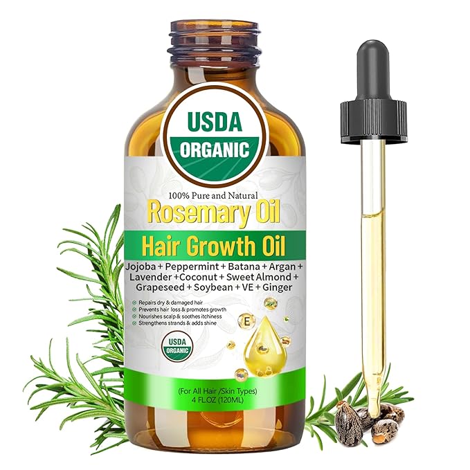 Rosemary Oil for Hair Growth, Organic Hair Oil For Hair Growth USDA Certified Cold Pressed with Castor, Peppermint for Thicker Eyebrows, Scalp Treatment & Repair Damaged Hair – 4 FL OZ