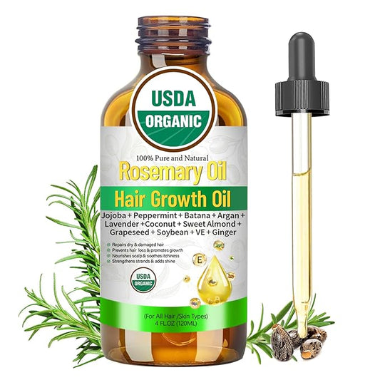 Rosemary Oil for Hair Growth, Organic Hair Oil For Hair Growth USDA Certified Cold Pressed with Castor, Peppermint for Thicker Eyebrows, Scalp Treatment & Repair Damaged Hair – 4 FL OZ