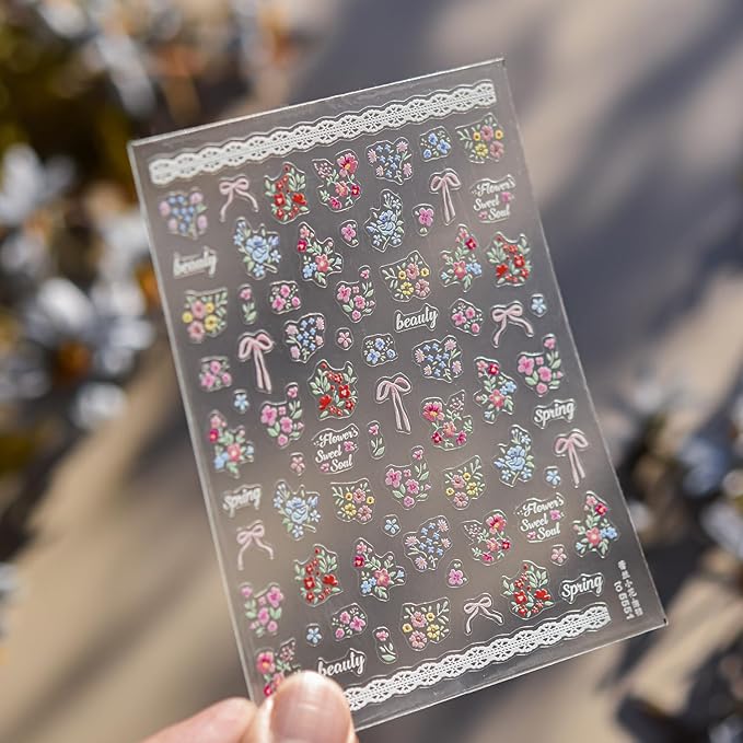 Flower Nail Stickers 5D Embossed Nail Art Stickers Decals with Flower Bow Design Spring Nail Stickers for Nail Art Self-Adhesive Summer Nail Supplies for Women Manicure Decorations