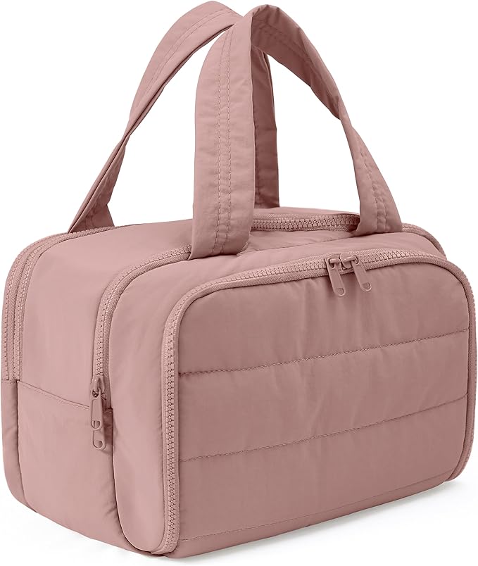 BUZFOWU Travel Toiletry Bag for Women, Large Wide-open Puffy Cosmetic Makeup Bag with Wet-Dry Separation, Multi-Pocket Organizer with Carry Handle for Toiletries, Cosmetics, Essentials, Dark Pink