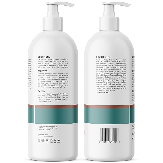 Edenika Botanicals Rosemary Oil Shampoo with Biotin for Thinning Hair & Anti-Hair Loss, Strengthening Botanical Formula, Women & Men, Sulfate-Free, Organic, 16 fl oz