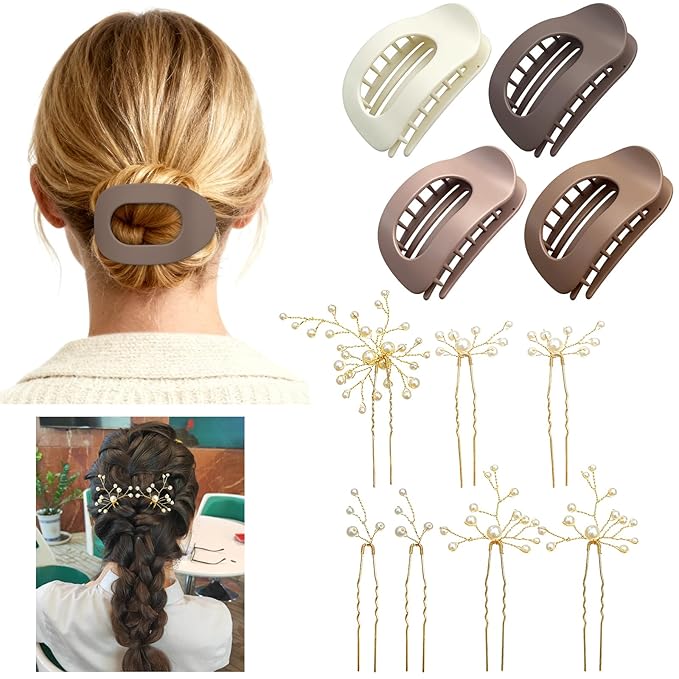 4 PACK Women's Flat Claw Hair Clips And 7 PIECES Wedding Hair Accessories, Elegant Hair Accessories For Thick & Thin Hair, Ideal For Valentines, Christmas, Wedding And Work & Daily Styling (C)