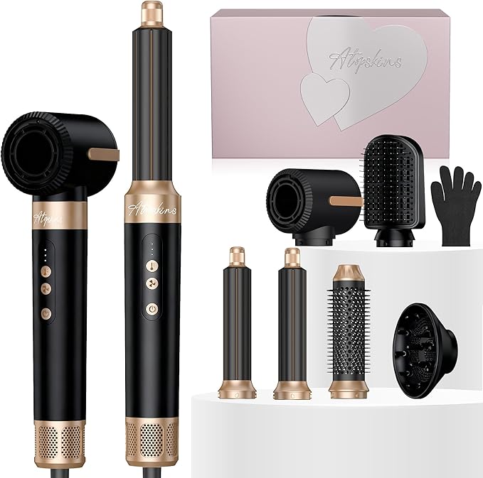 7 in 1 Blow Dryer Brush, Air Wrap Brush Set Hair Dryer Brush 110,000 RPM with Negative Ion Hair Styler Dry, Curling, Volumizing, Straightening and Styling (Black)