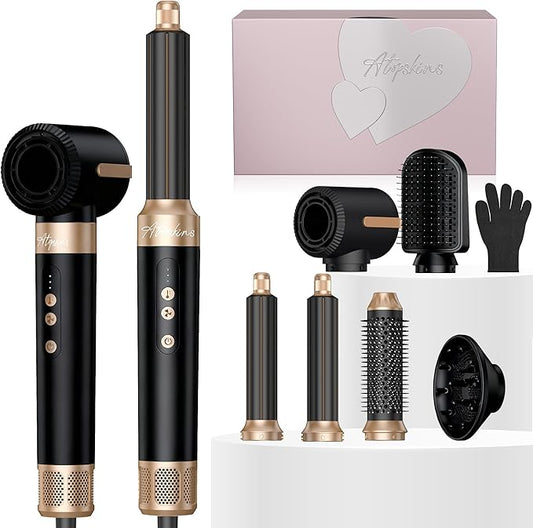 7 in 1 Blow Dryer Brush, Air Wrap Brush Set Hair Dryer Brush 110,000 RPM with Negative Ion Hair Styler Dry, Curling, Volumizing, Straightening and Styling (Black)