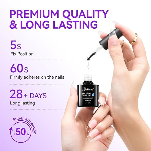 gelike ec 6 in 1 Nail Glue Gel: 2 Pcs Gel Nail Polish for Press on Nails - Nail Glue Strong Easy and Long Last for False Acrylic Tip - Base Coat for Salon Home Polish