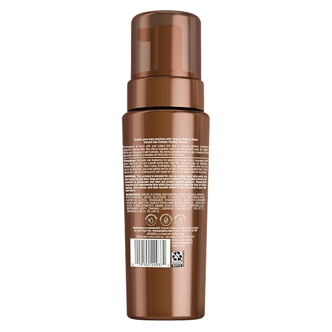 Jergens Natural Glow Instant Sun Body Mousse, Self Tanner for Light Bronze Tan, Sunless Tanning Body Bronzer for Natural Looking Color Instantly, 6 Oz